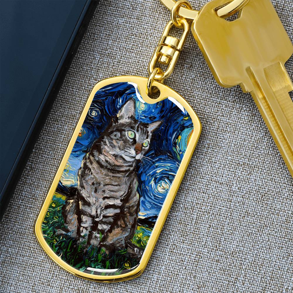 Tabby Cat Starry Night Dog Tag Keychain