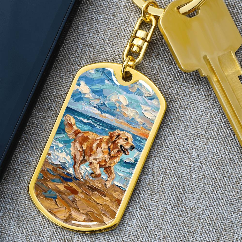 Frolicking Golden Retriever Dog Tag Keychain