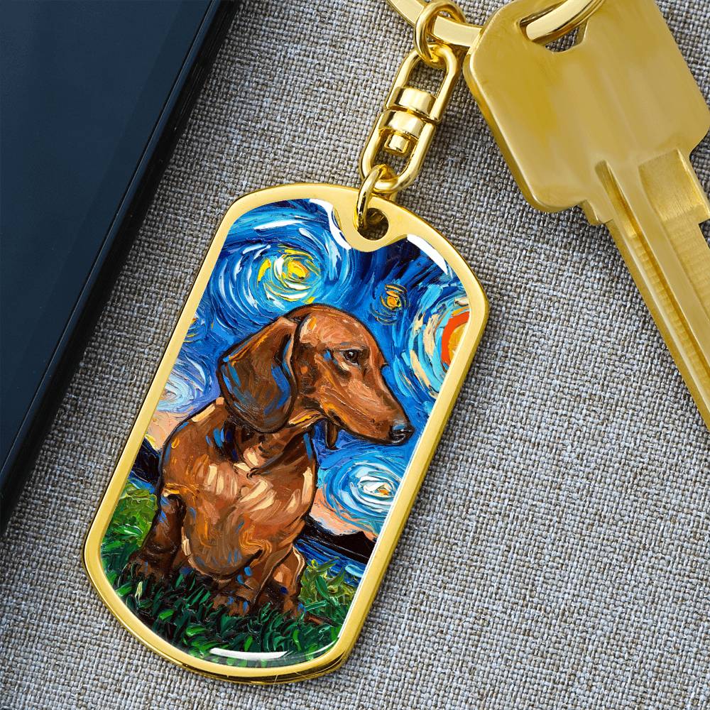 Brown Dachshund Starry Night Dog Tag Keychain