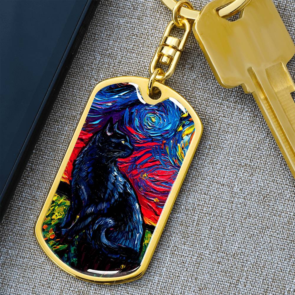 Black Cat Starry Night Dog Tag Keychain