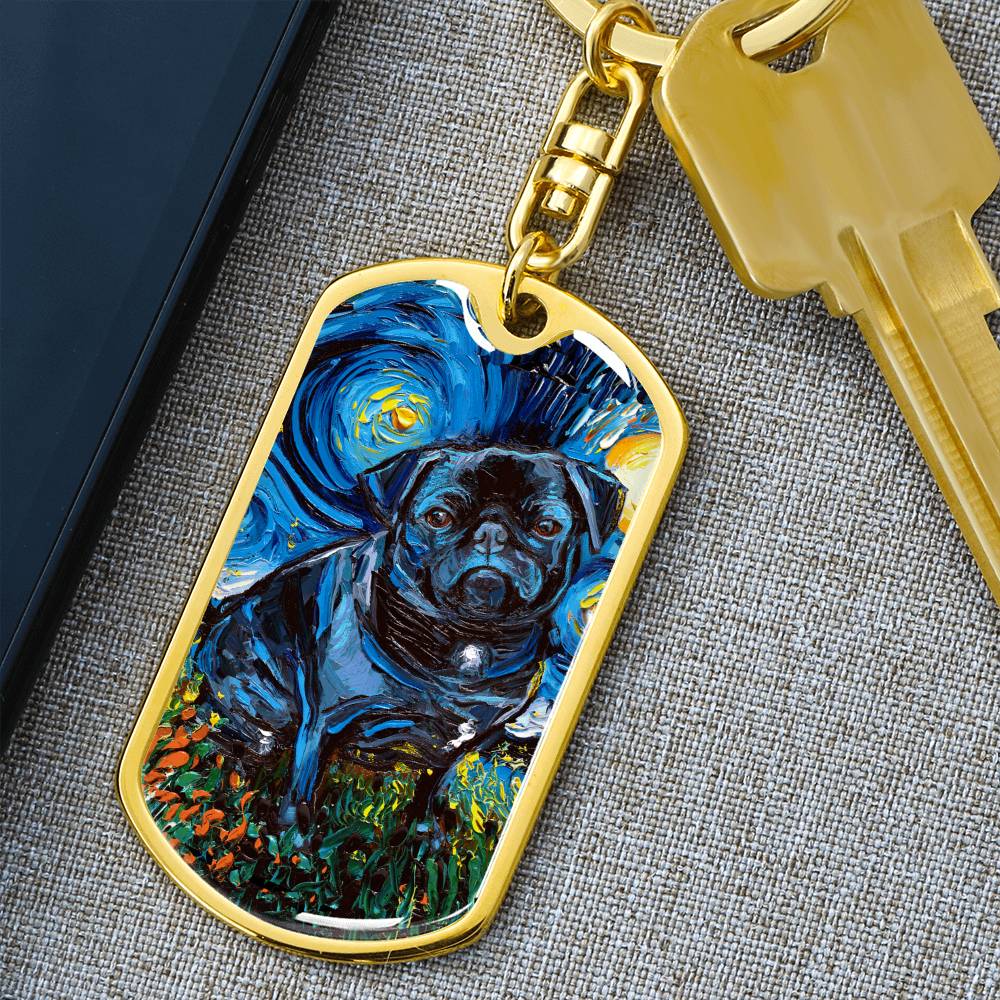 Black Pug Starry Night Dog Tag Keychain