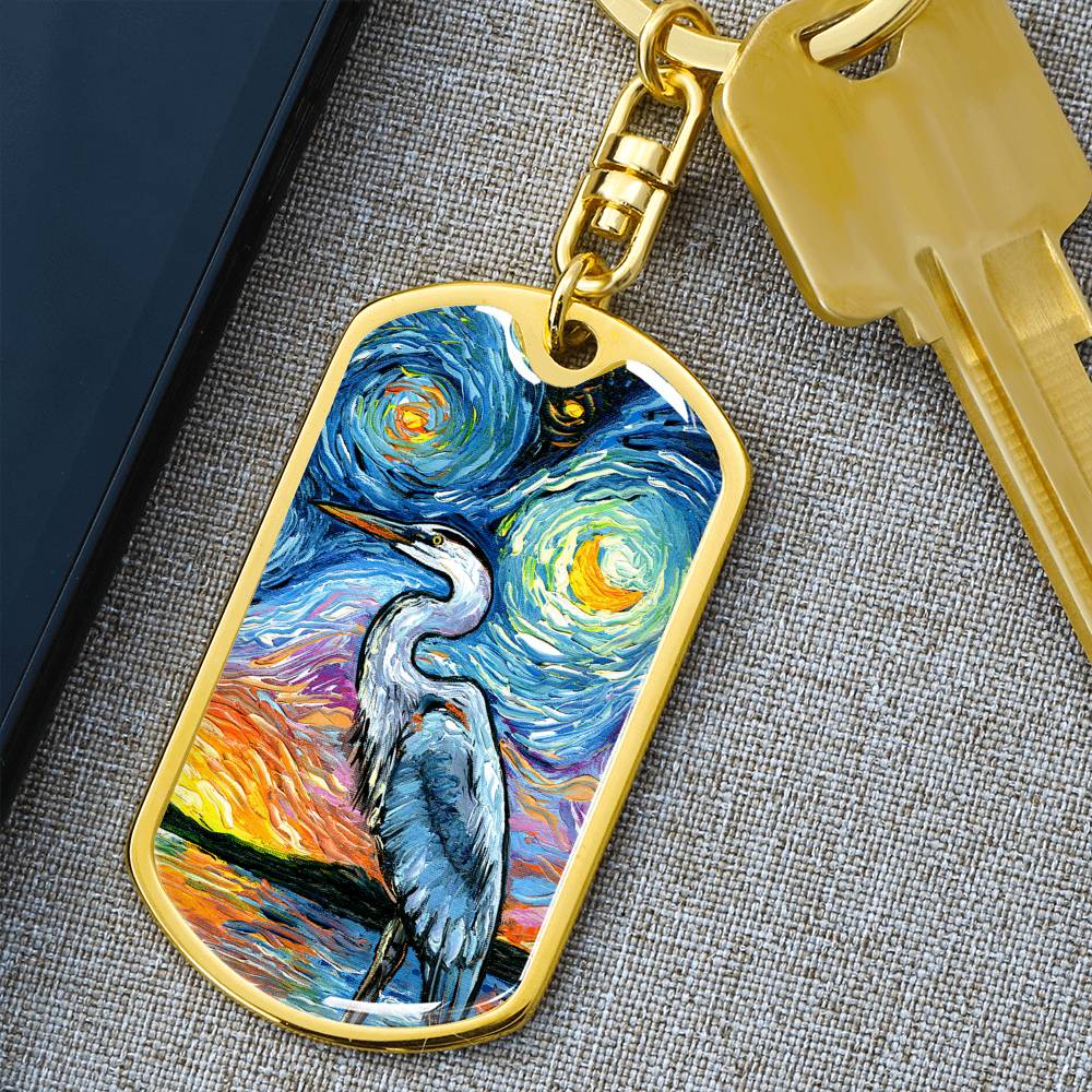 Blue Heron Starry Night Dog Tag Keychain