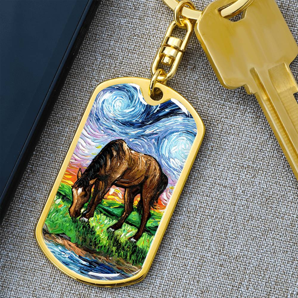 Horse in Meadow Starry Night Dog Tag Keychain
