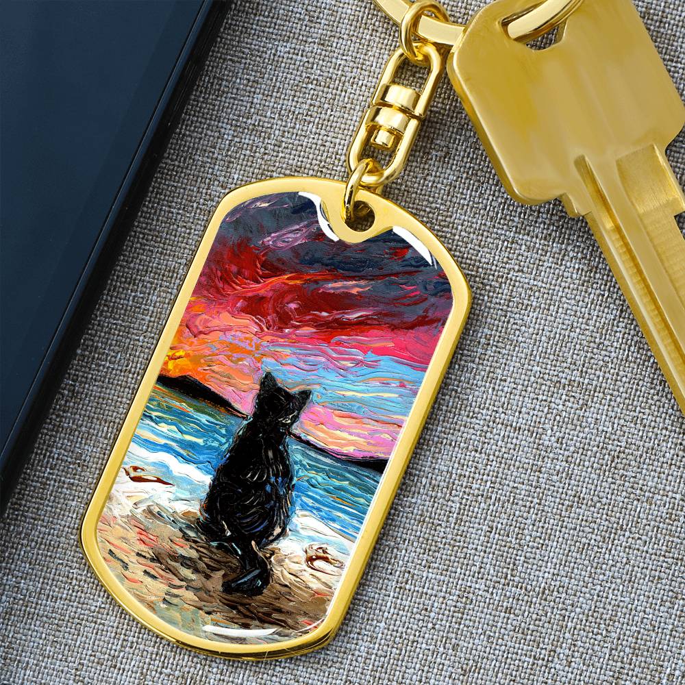 Beach Days - Black Cat Starry Night Dog Tag Keychain