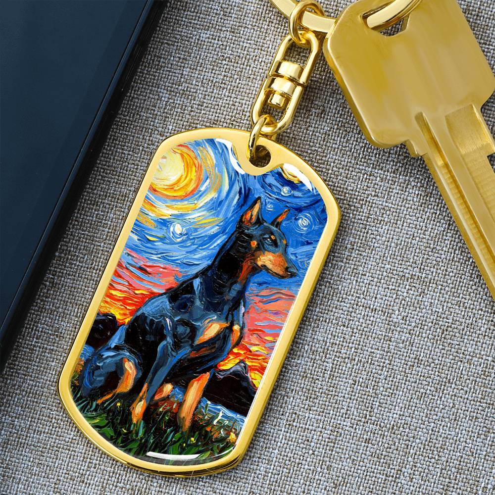 Doberman Starry Night Dog Tag Keychain
