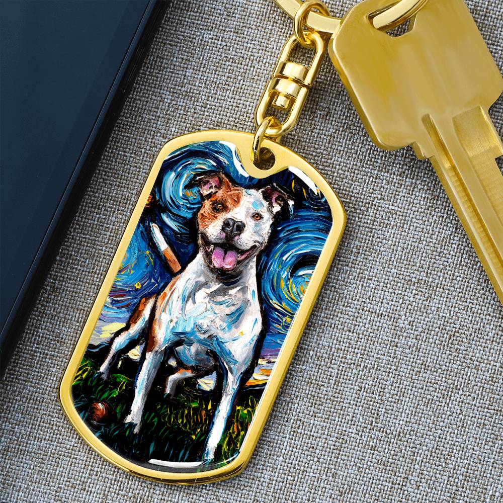 Happy Pitbull Starry Night Dog Tag Keychain