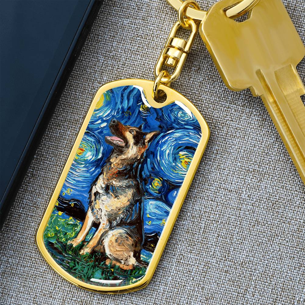 German Shepherd Starry Night Dog Tag Keychain