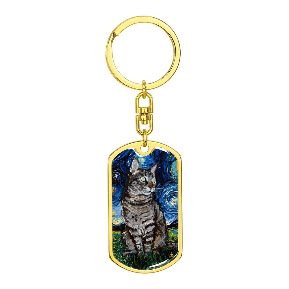 Tabby Cat Starry Night Dog Tag Keychain