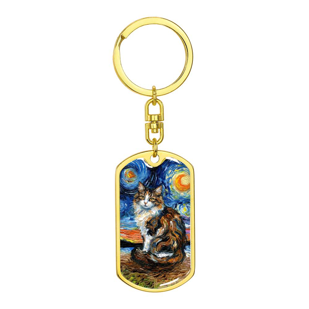 Calico Cat 2 Starry Night Dog Tag Keychain