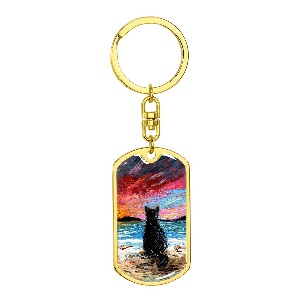 Beach Days - Black Cat Starry Night Dog Tag Keychain