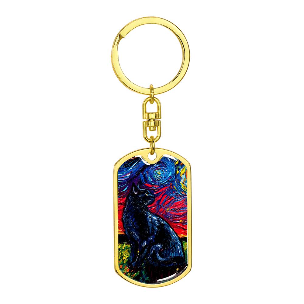 Black Cat Starry Night Dog Tag Keychain