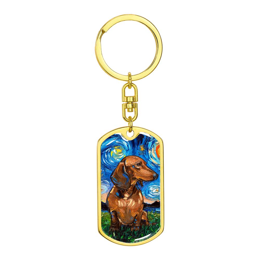 Brown Dachshund Starry Night Dog Tag Keychain