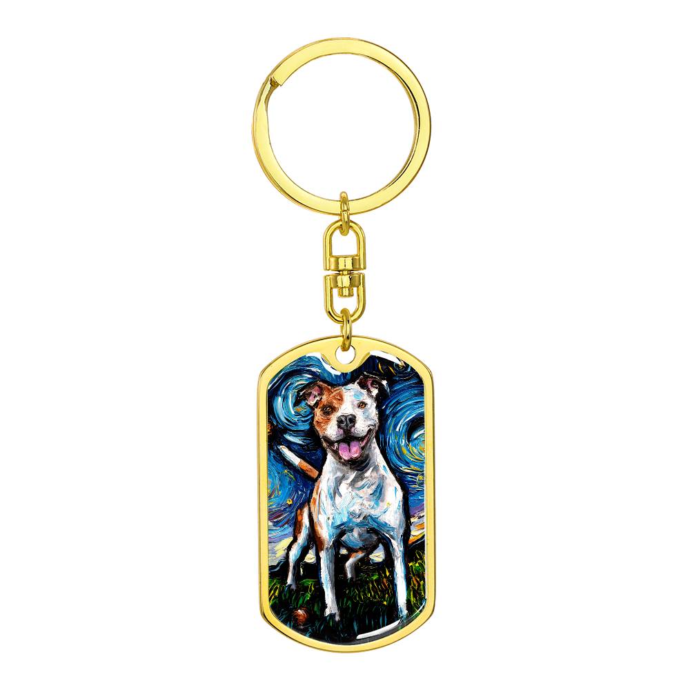 Happy Pitbull Starry Night Dog Tag Keychain