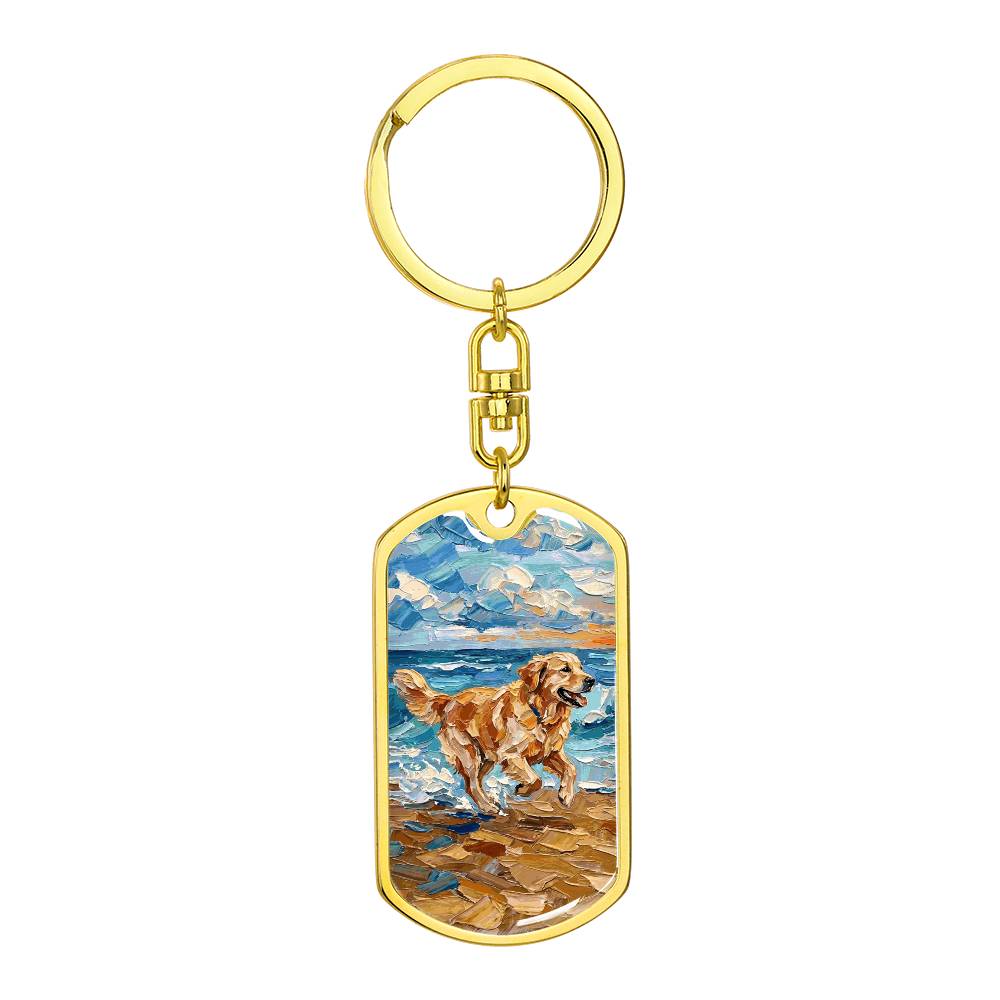Frolicking Golden Retriever Dog Tag Keychain