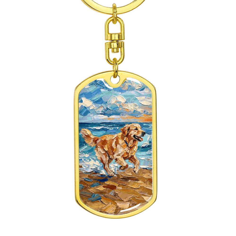 Frolicking Golden Retriever Dog Tag Keychain
