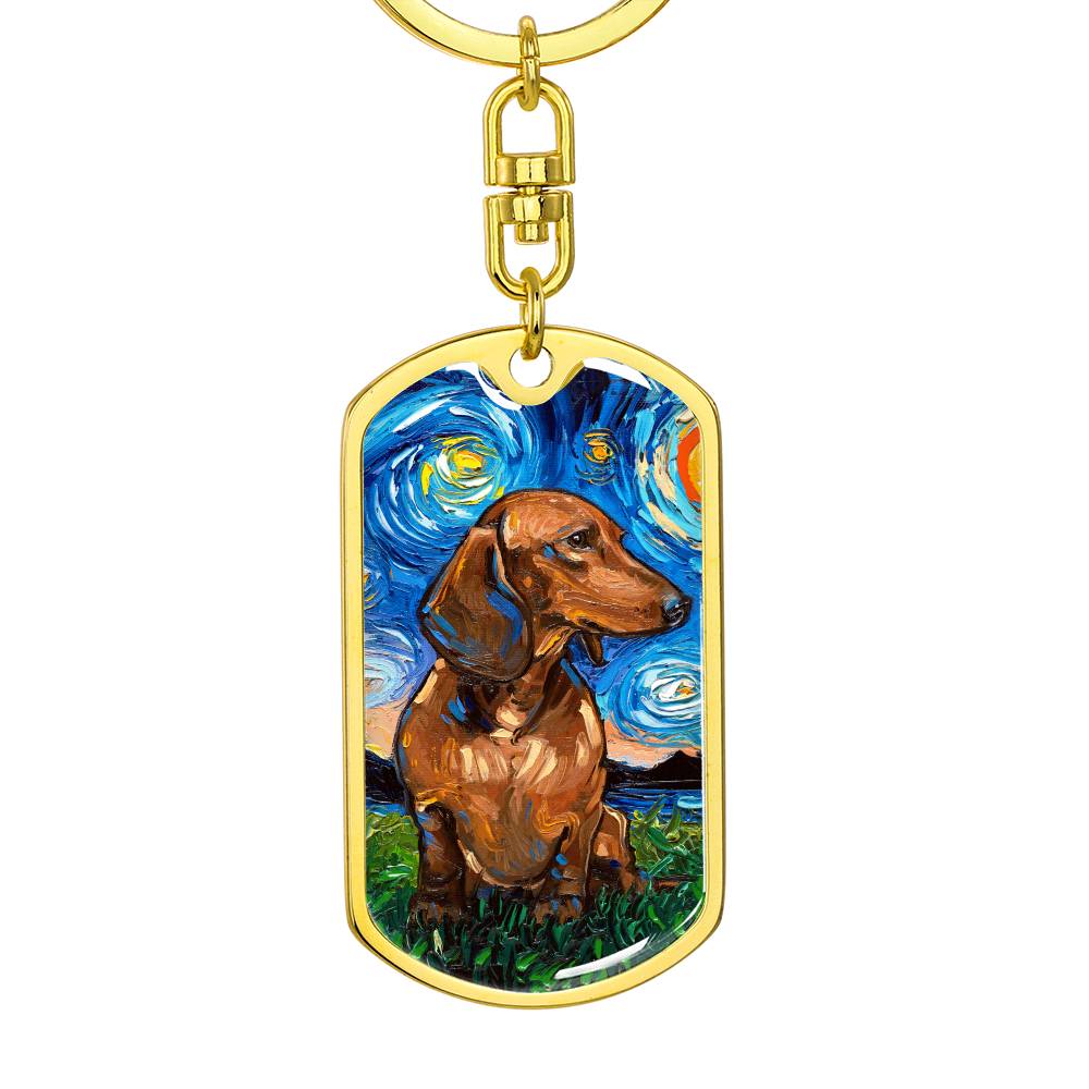Brown Dachshund Starry Night Dog Tag Keychain