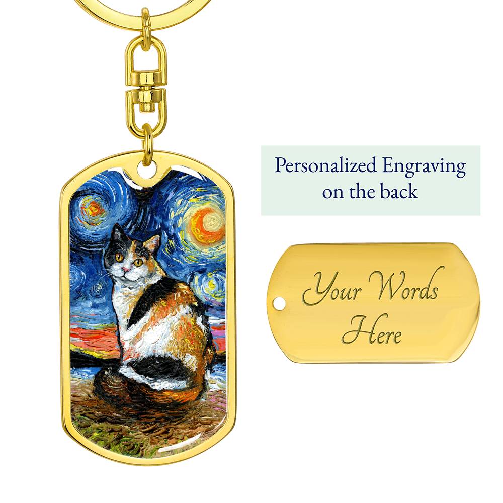 Calico Starry Night Dog Tag Keychain