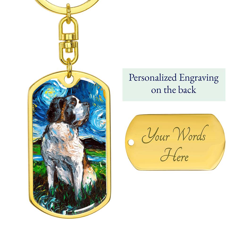 Saint Bernard Starry Night Dog Tag Keychain
