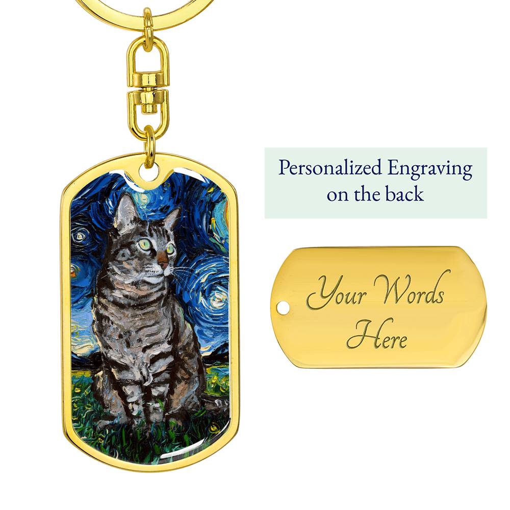 Tabby Cat Starry Night Dog Tag Keychain