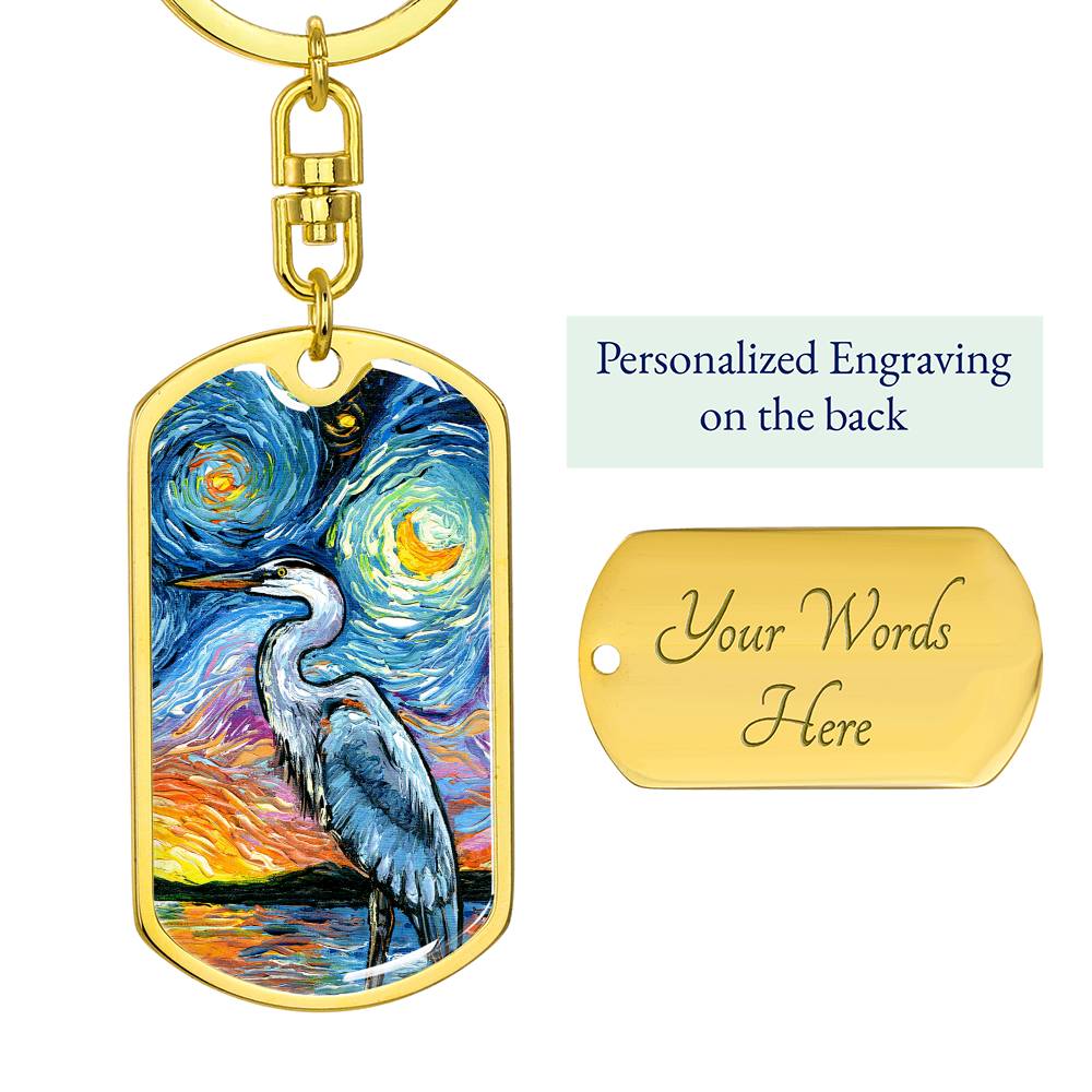 Blue Heron Starry Night Dog Tag Keychain
