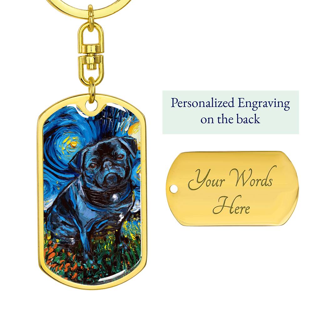 Black Pug Starry Night Dog Tag Keychain