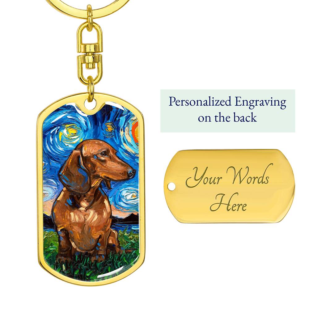 Brown Dachshund Starry Night Dog Tag Keychain