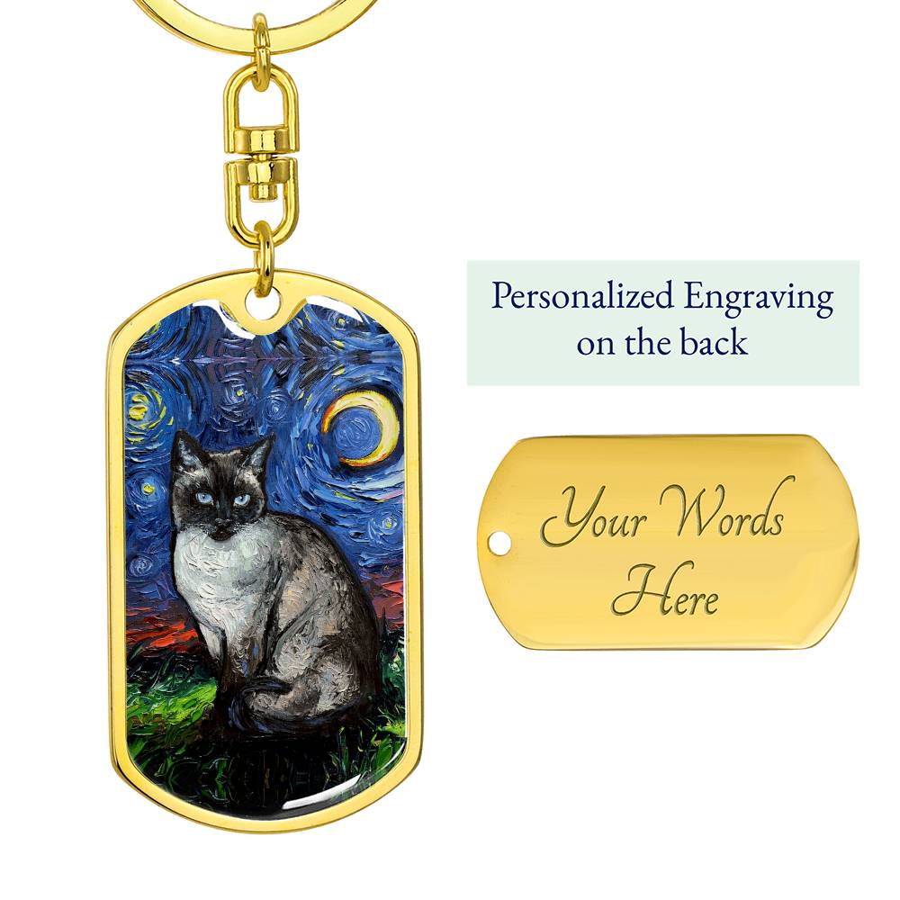 Siamese  Cat Starry Night Dog Tag Keychain