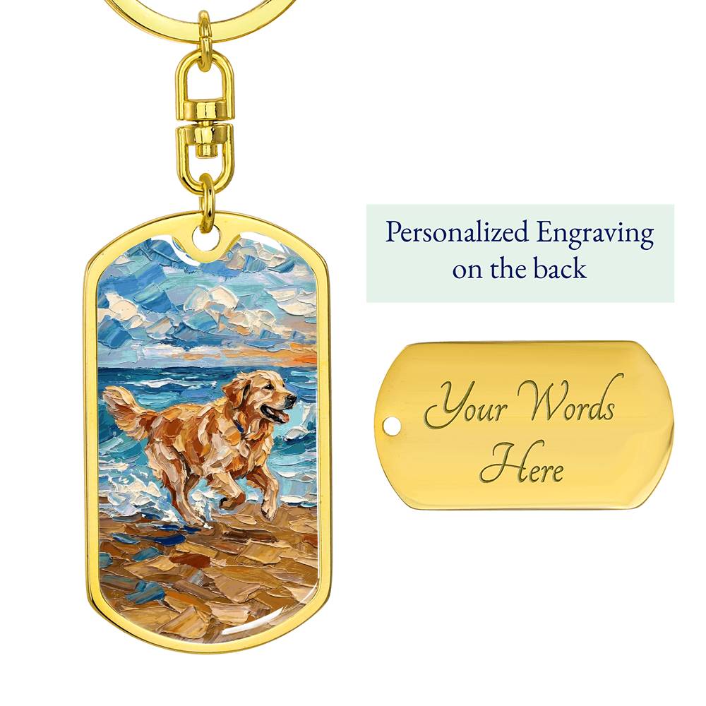Frolicking Golden Retriever Dog Tag Keychain