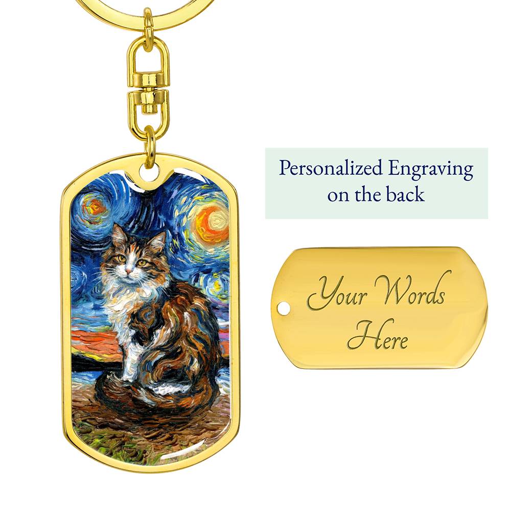 Calico Cat 2 Starry Night Dog Tag Keychain