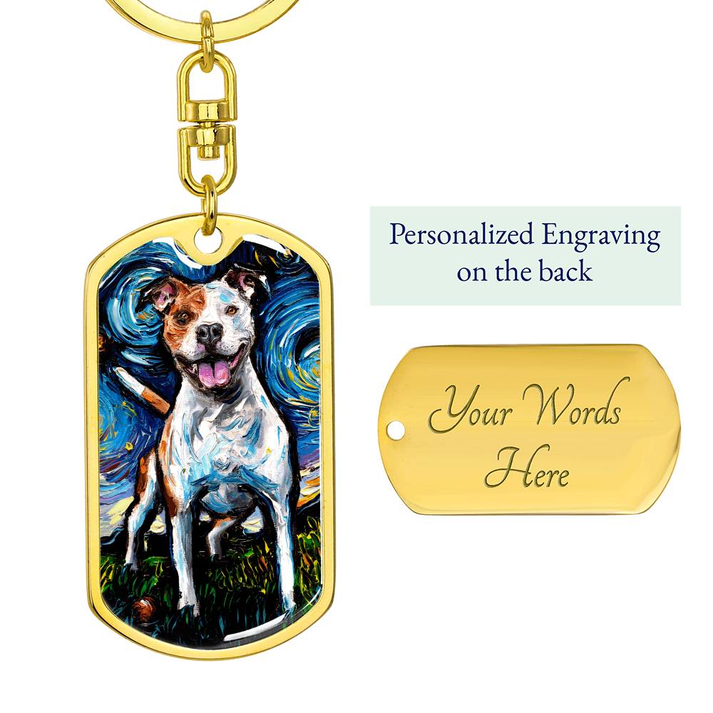 Happy Pitbull Starry Night Dog Tag Keychain