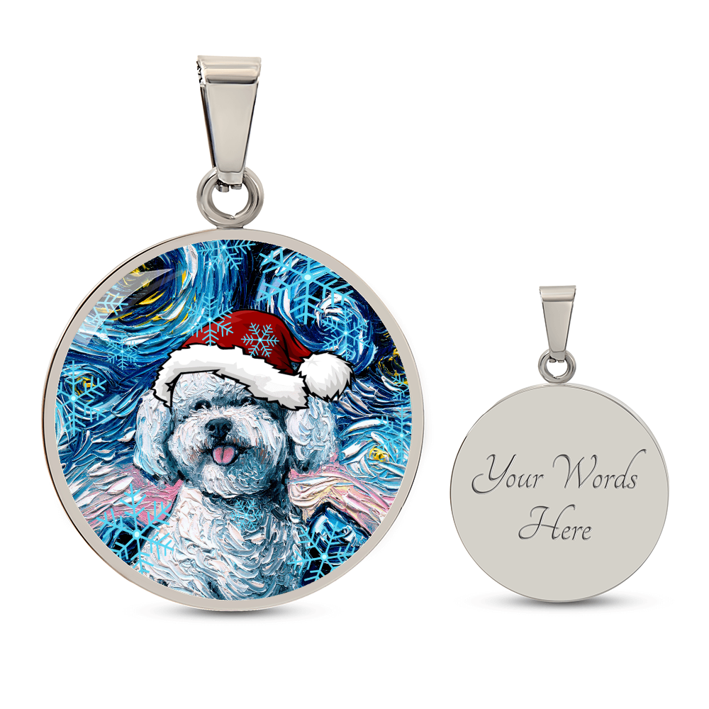 Bichon Frise In Santa Hat Starry Night Round Necklace