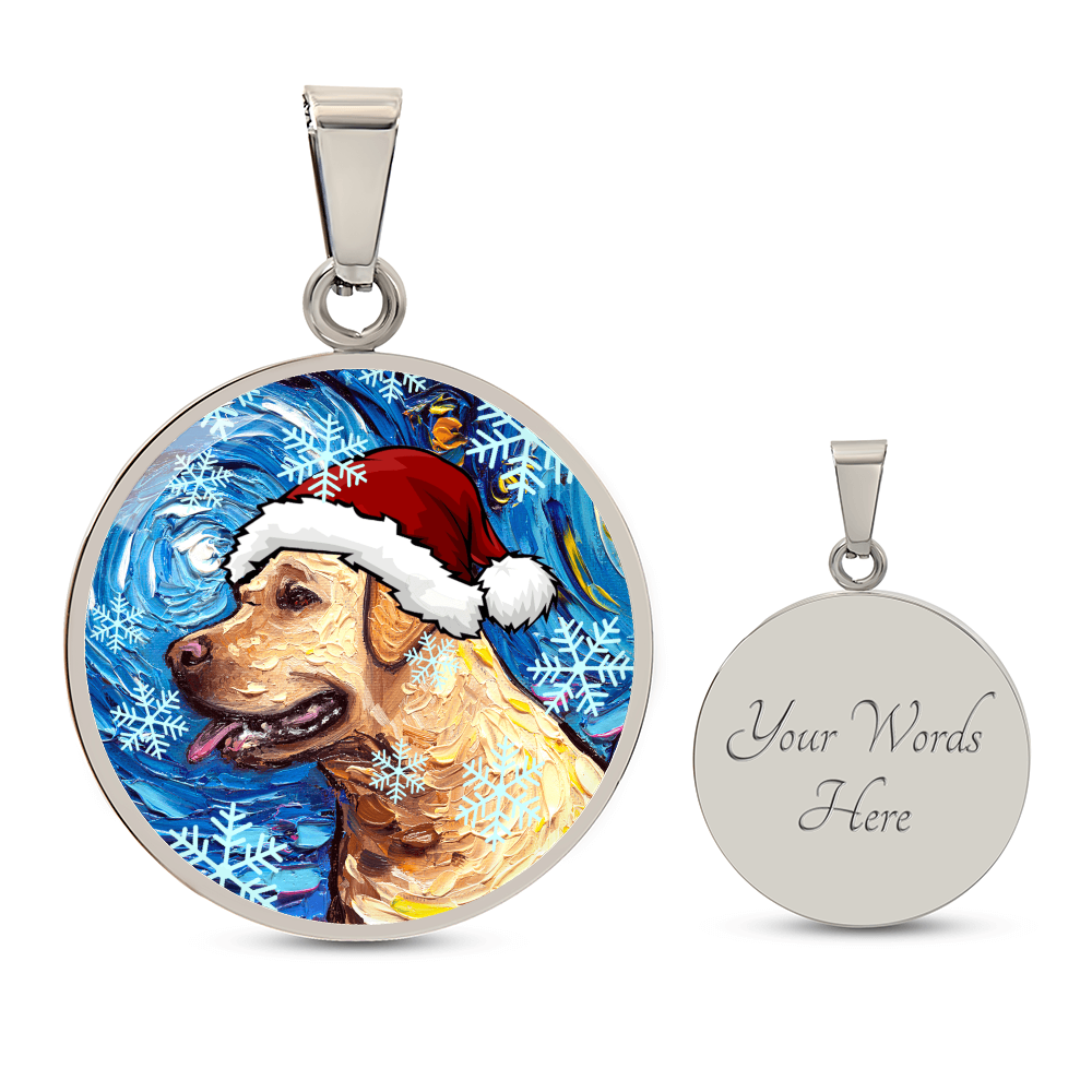 Yellow Labrador In Santa Hat Starry Night Round Necklace