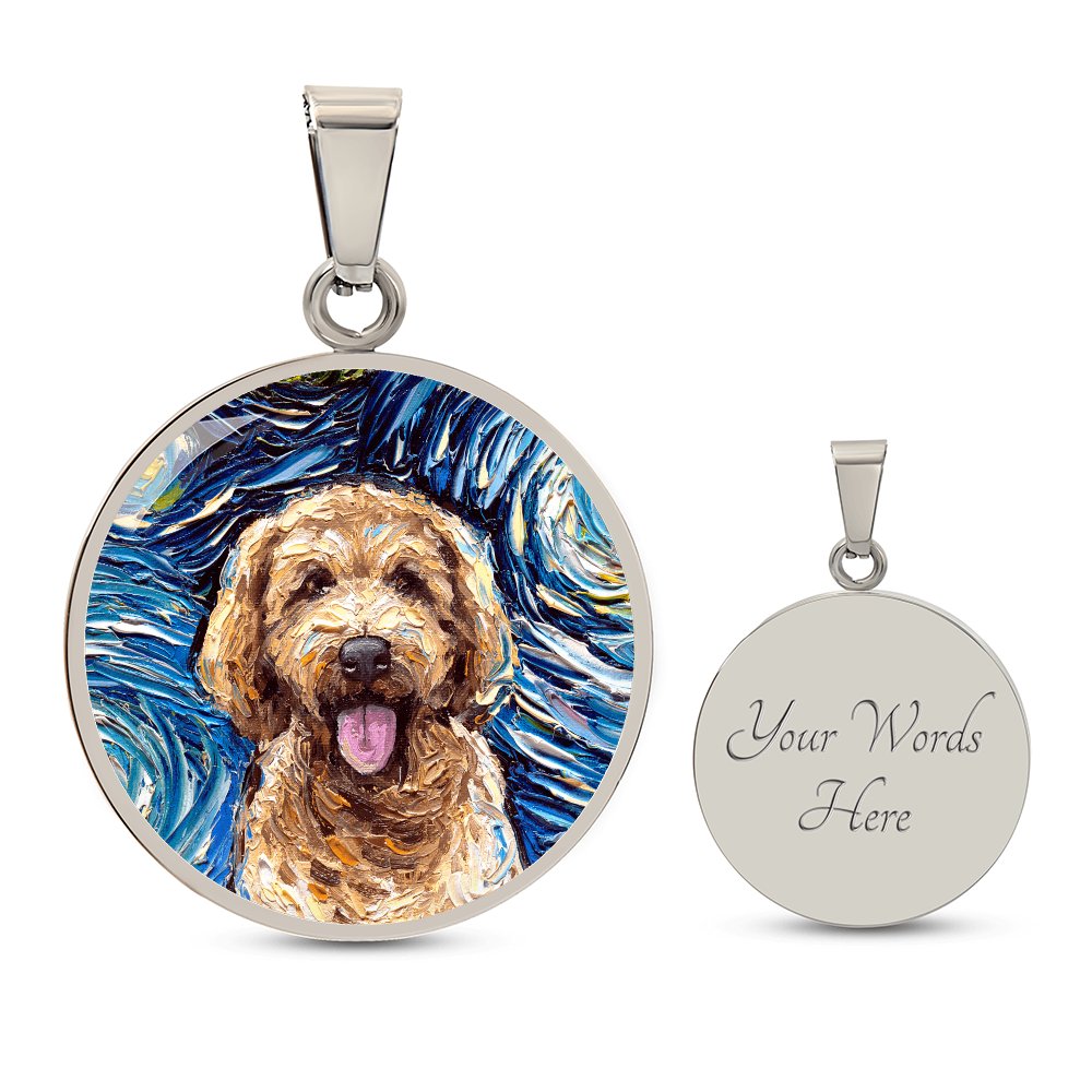 Goldendoodle Portrait Starry Night Round Necklace