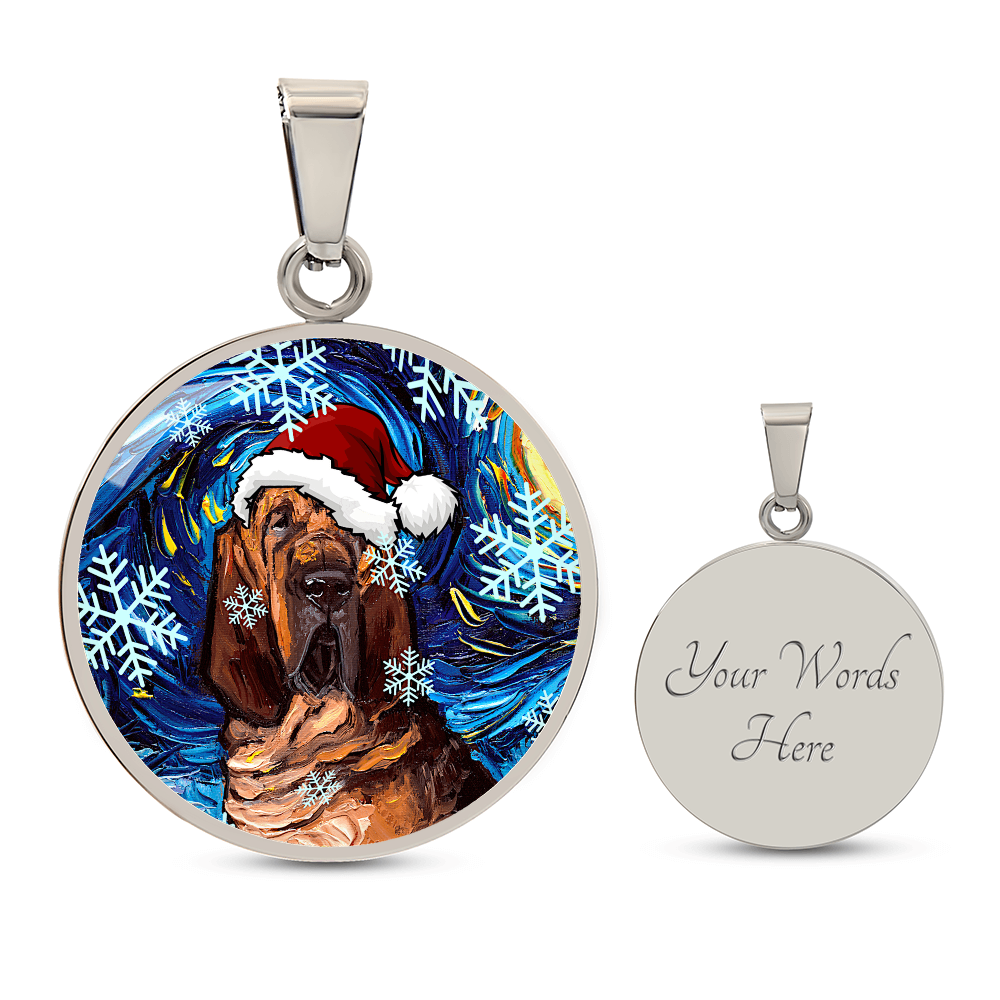 Bloodhound in Santa Hat Round Christmas Necklace