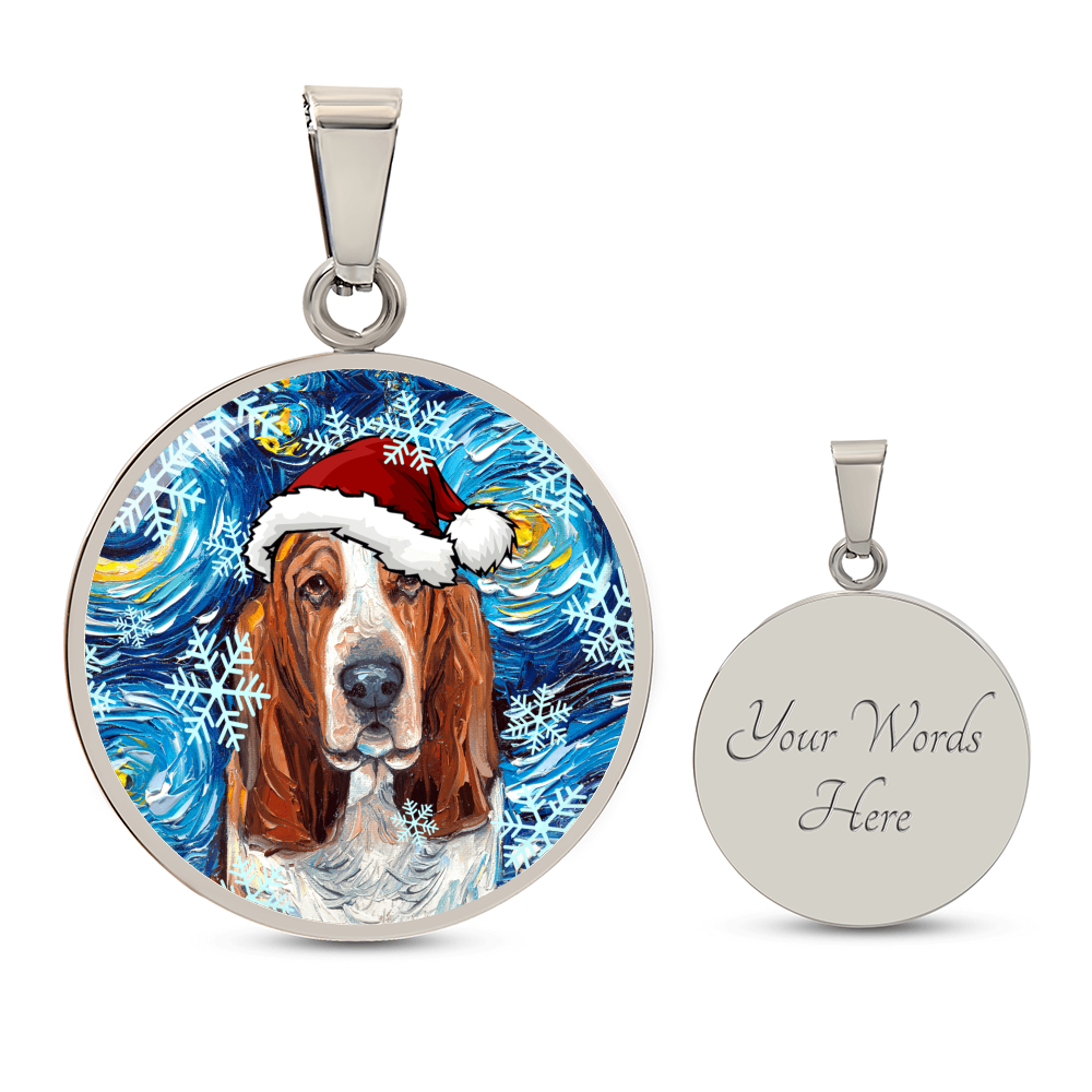 Basset Hound In Santa Hat Starry Night Round Necklace.