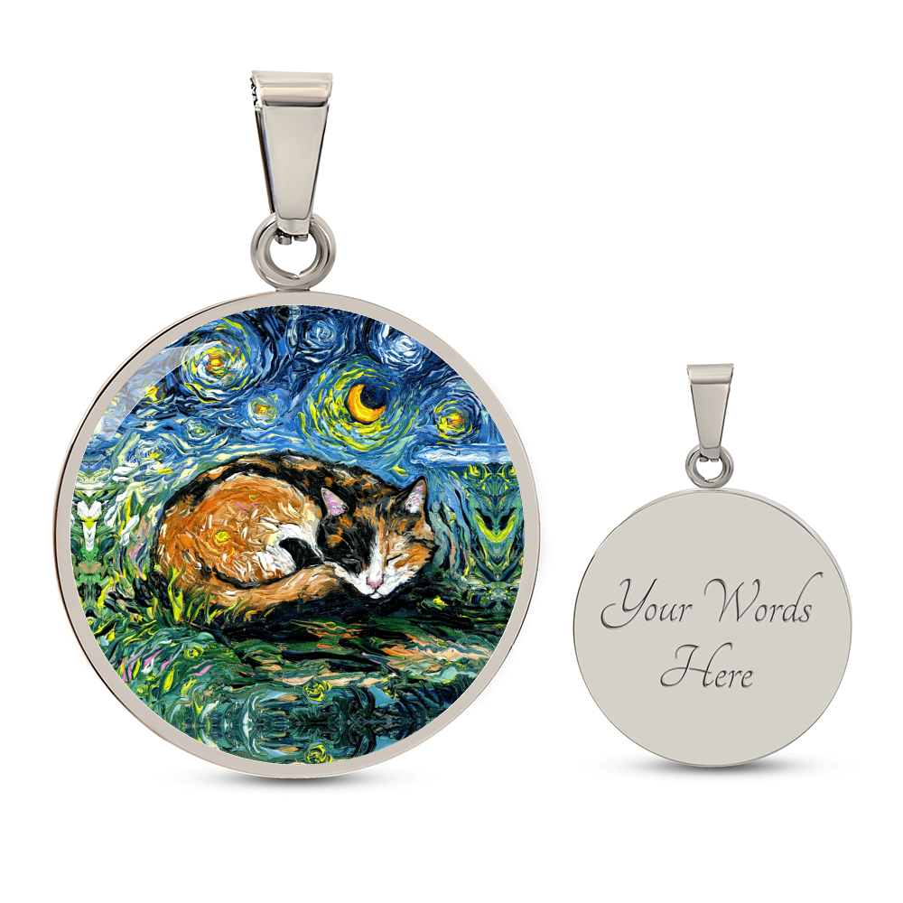 Sleeping Calico Cat Starry Night Round Necklace