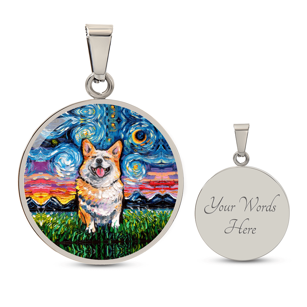 Smiling Corgi Starry Night Round Necklace