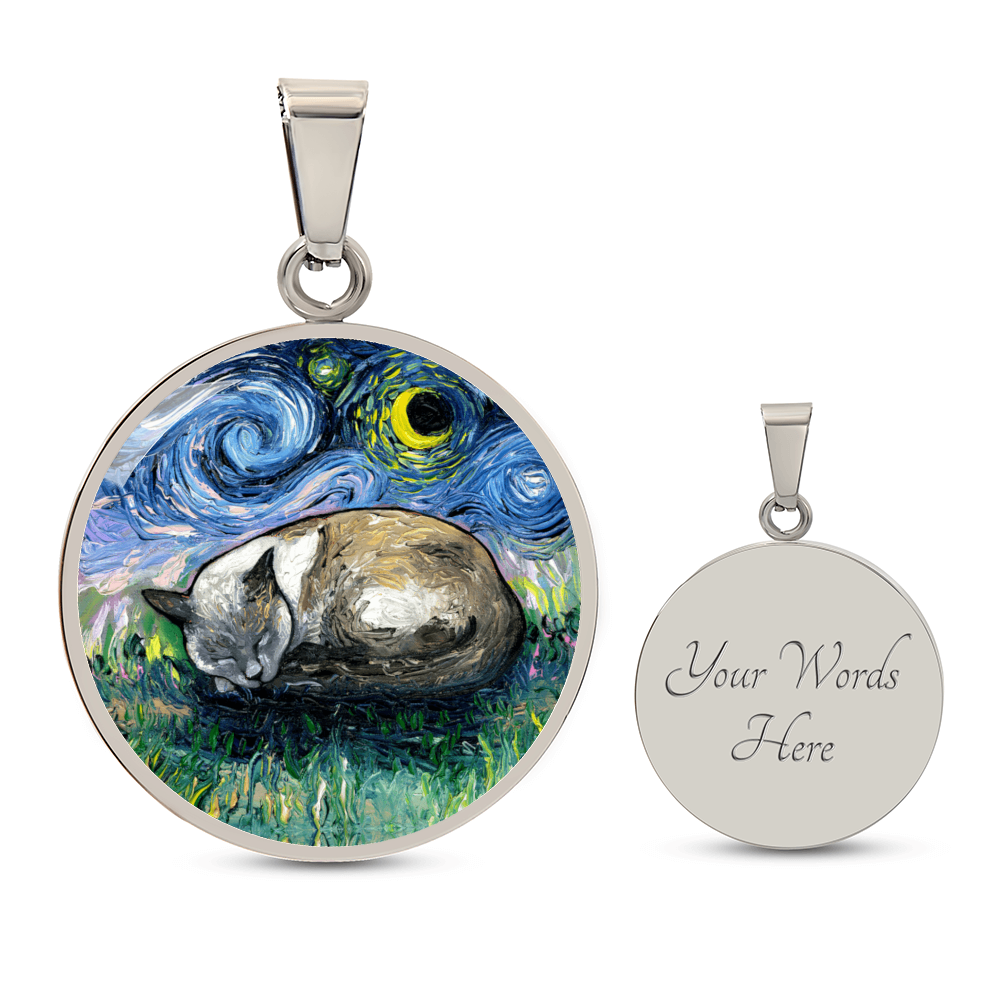 Sleeping Siamese Cat Starry Night Round Necklace