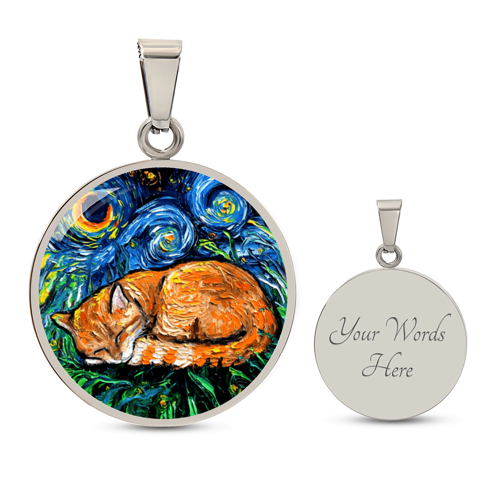 Sleeping Orange Tabby Cat Starry Night Round Necklace