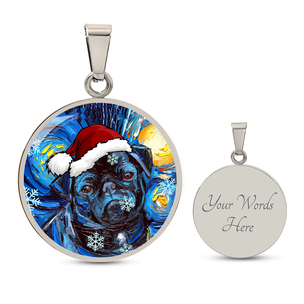 Santa Black Pug Starry Night Round Necklace