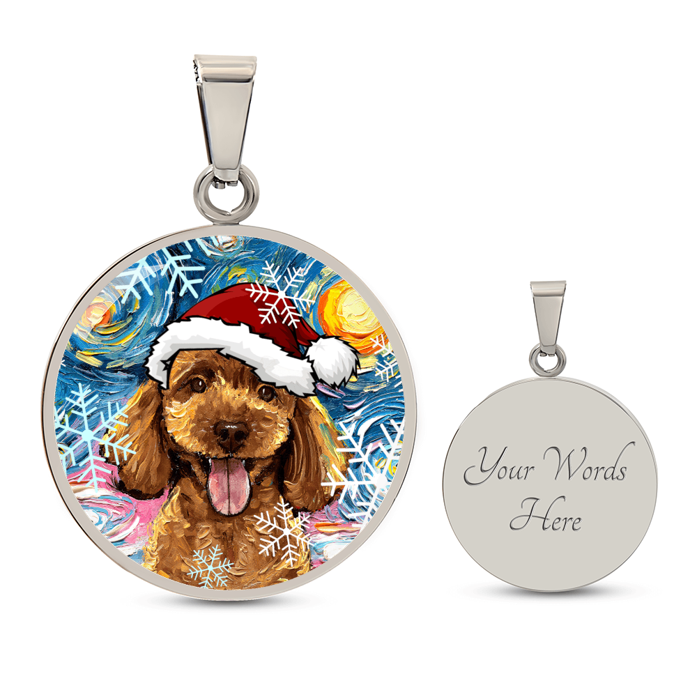 Apricot Poodle In Santa Hat Starry Night Round Necklace