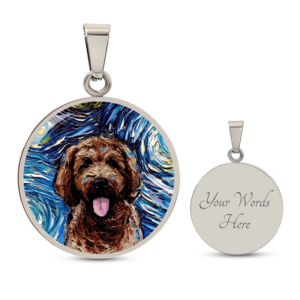 Chocolate Goldendoodle Starry Night Round Necklace