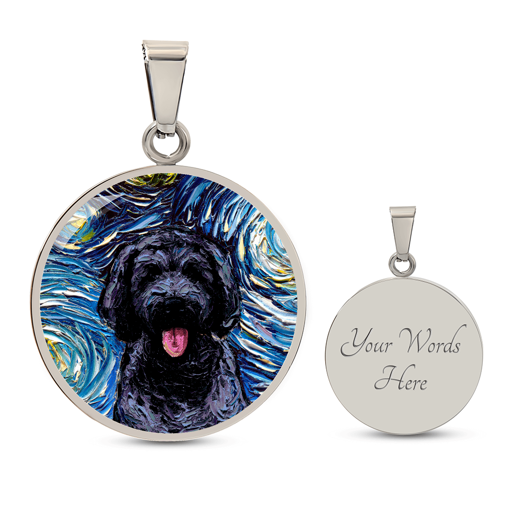 Black Goldendoodle Portrait Starry Night Round Necklace
