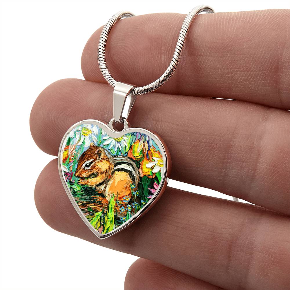 Chipmunk in Spring Garden Heart Necklace