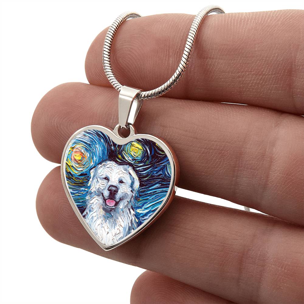 Great Pyrenees Portrait Starry Night Heart Necklace