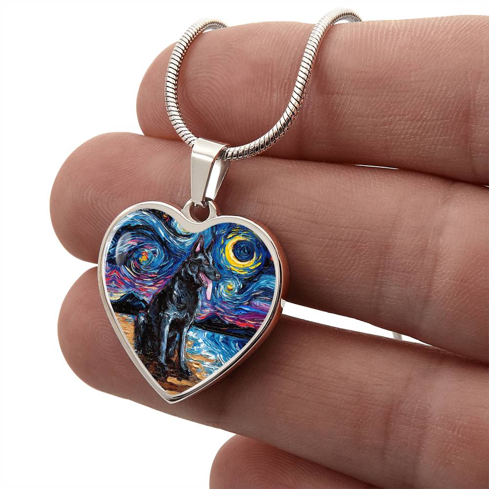 Black German Shepherd Starry Night Heart Necklace