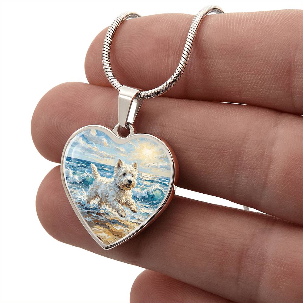 Frolicking Westie at the Beach Heart Necklace