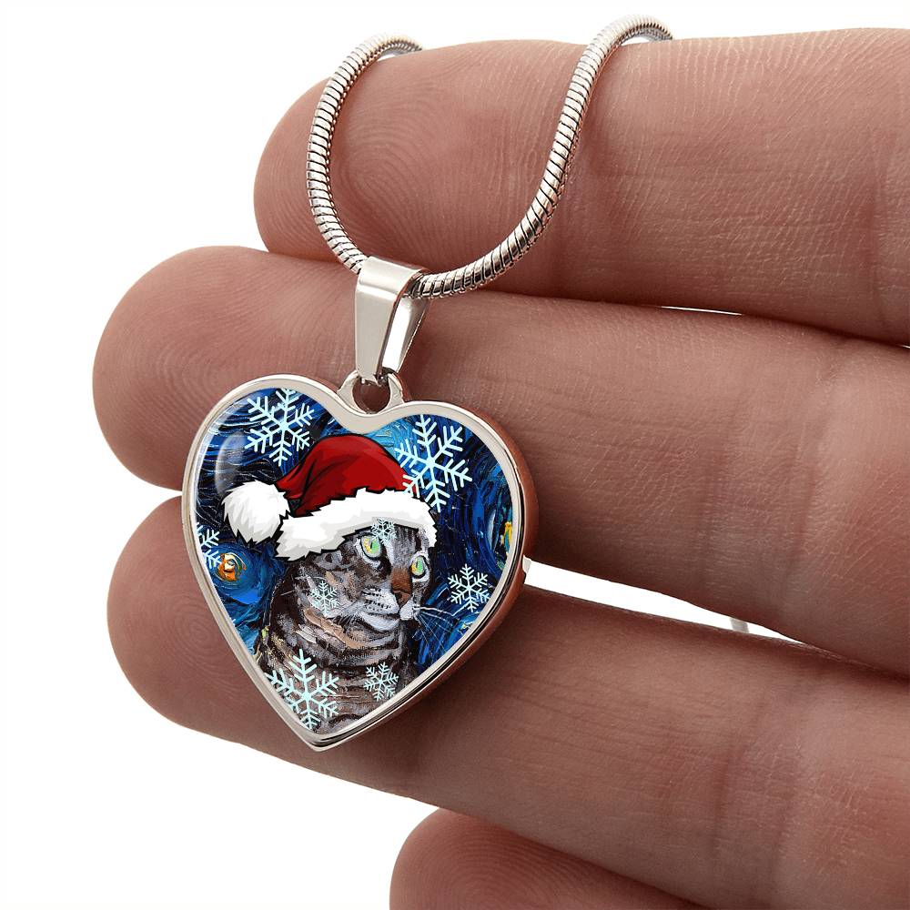Tabby Cat in Santa Hat Starry Night Heart Necklace