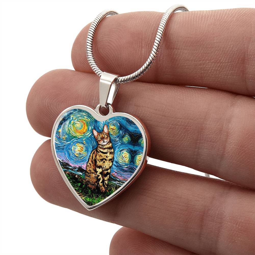 Bengal Cat Starry Night Heart Necklace