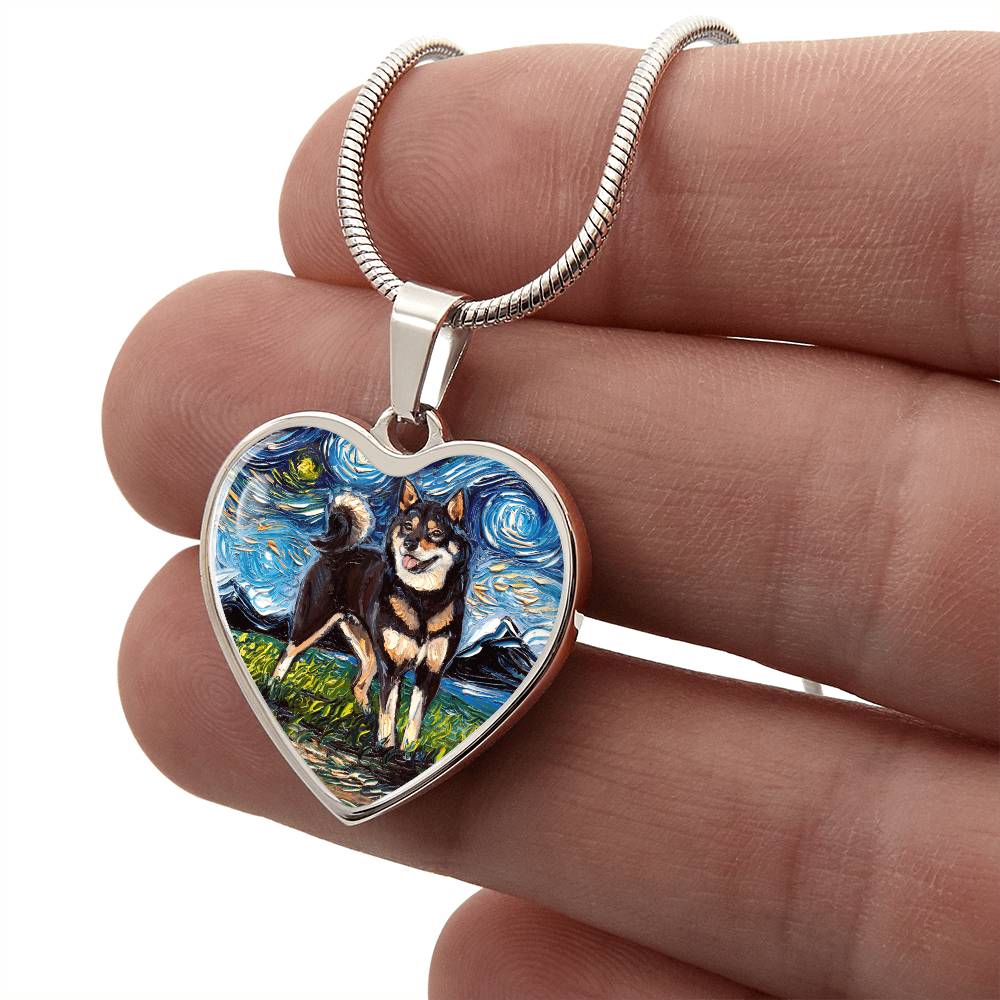 Black and Tan Shiba Inu Starry Night Heart Necklace